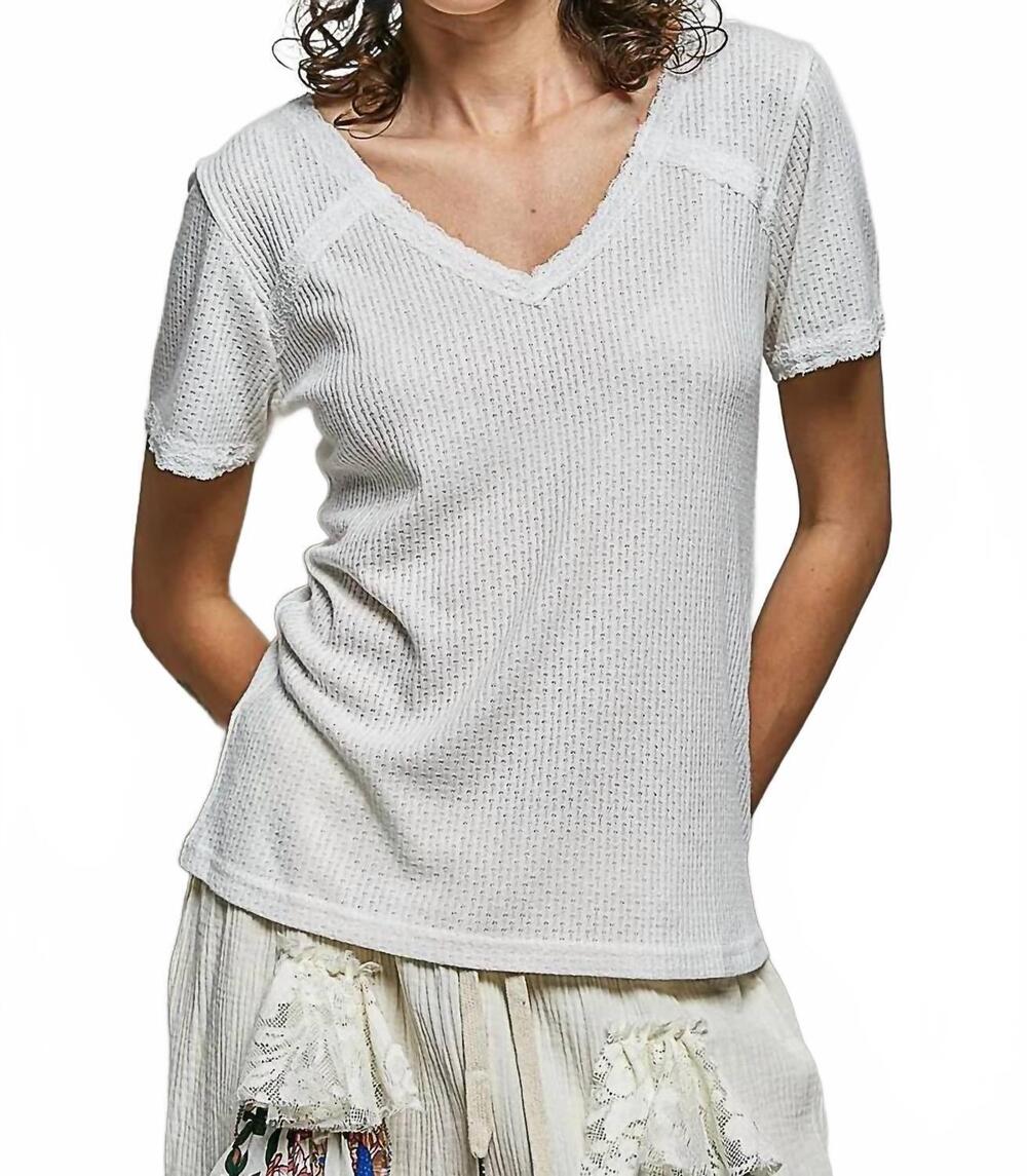 NEW POL v-neck lace trim top in off white